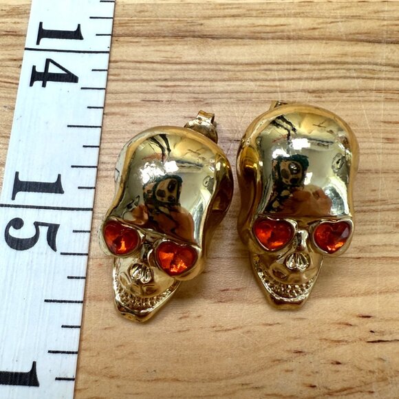 Gold Skull Earrings With Orange Heart-Shaped Eyes For Pierced Halloween & Fall - Picture 3 of 8